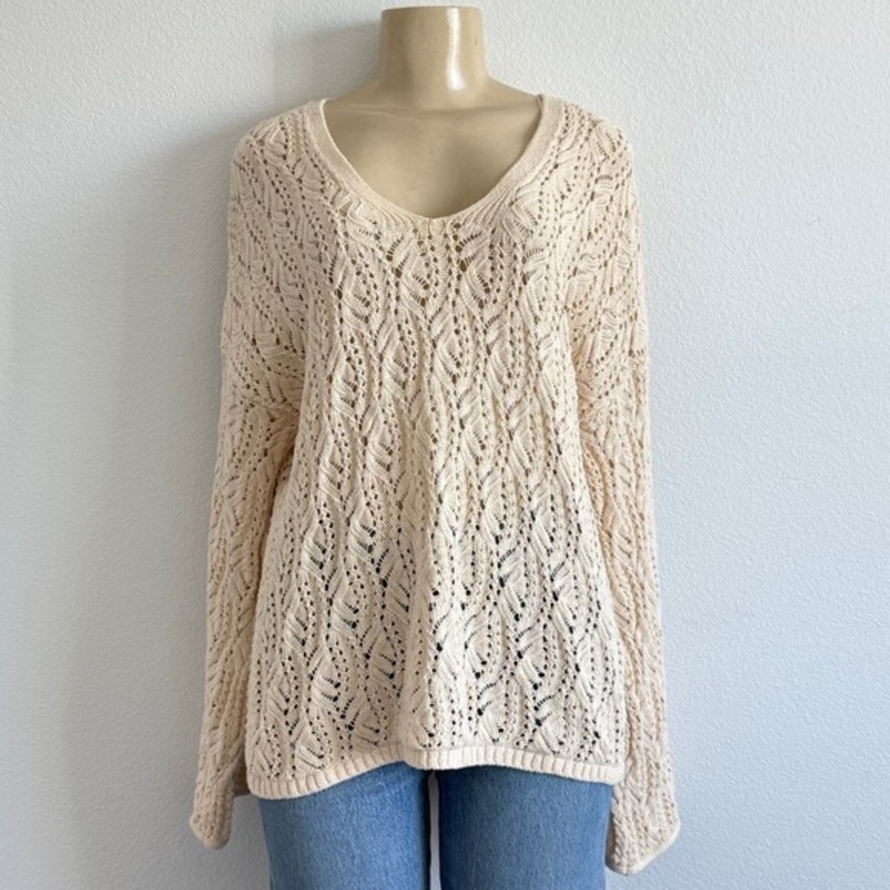 Zara Crochet Open Knit Sweater Cream V-Neck Bell Sleeve Boho Pullover Top M - Picture 3 of 8